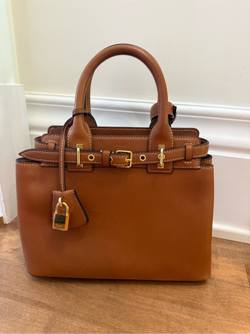 Celine Conti Teen Bag Calfskin Tan Leather Top-Handle Satchel with Gold Hardware